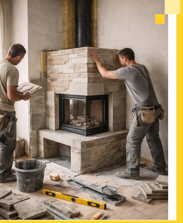 Угловые камины под ключ проект, монтаж и отделка в Саянске